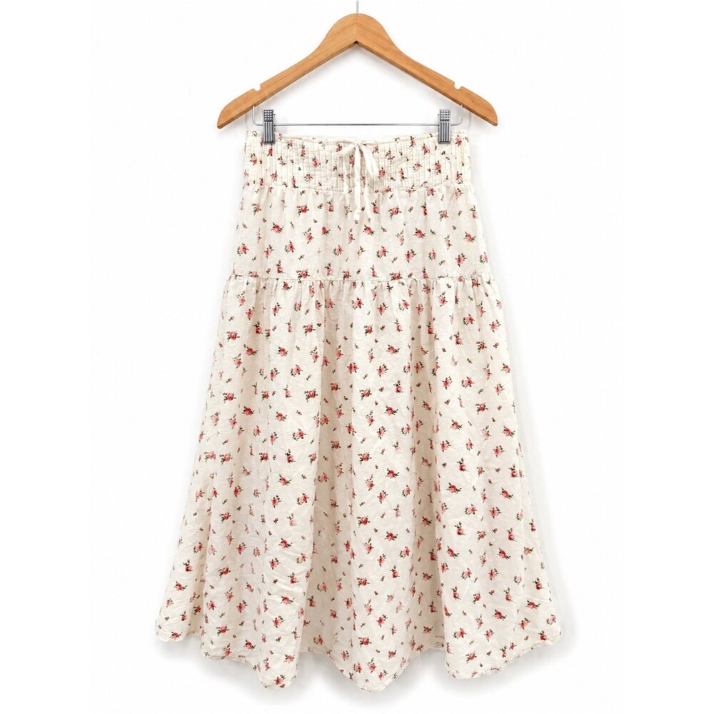 Forever 21 White Pink Floral Smocked Midi Skirt Cottagecore Prairie Size Medium